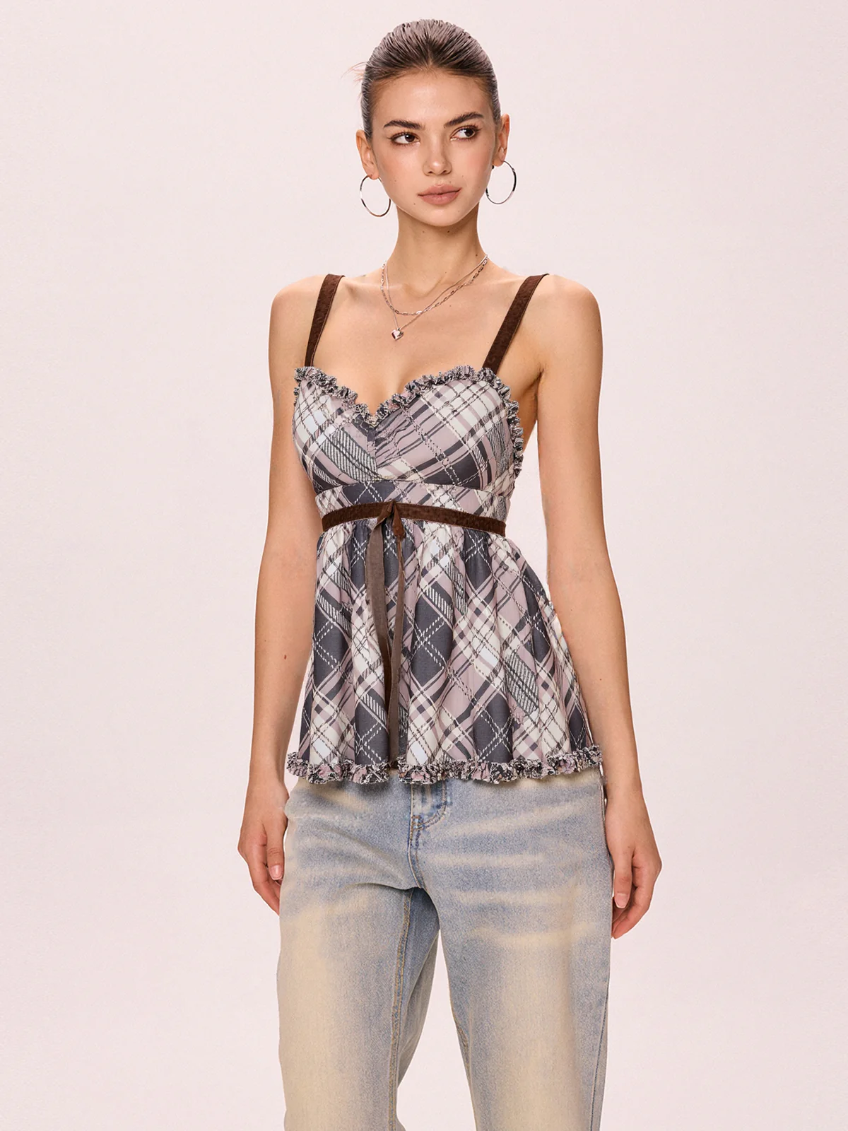 Bow Tie Plaid Suspenders Cami Top - Image 3