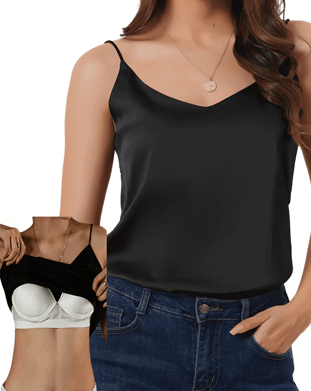 Built-In Bra Satin V Neck Tank Top - Image 10
