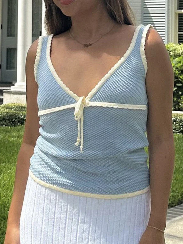 Contrast Color Stitching V Neck Bow Tank Top - Image 10