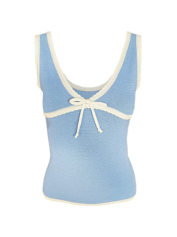 Contrast Color Stitching V Neck Bow Tank Top - Image 12