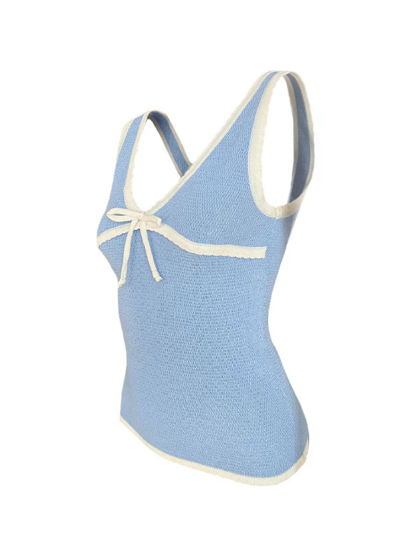 Contrast Color Stitching V Neck Bow Tank Top - Image 14