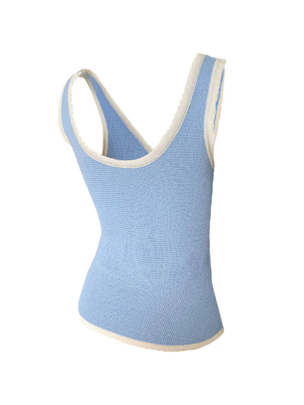 Contrast Color Stitching V Neck Bow Tank Top - Image 15