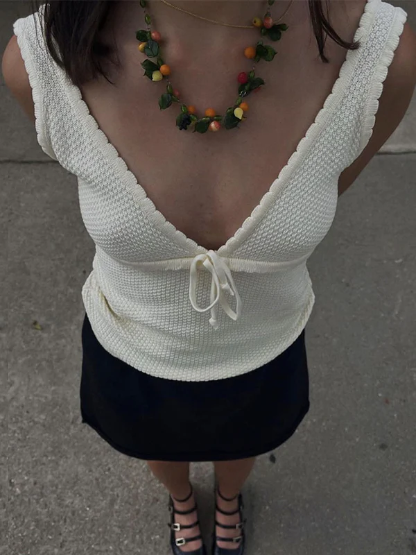 Contrast Color Stitching V Neck Bow Tank Top - Image 21