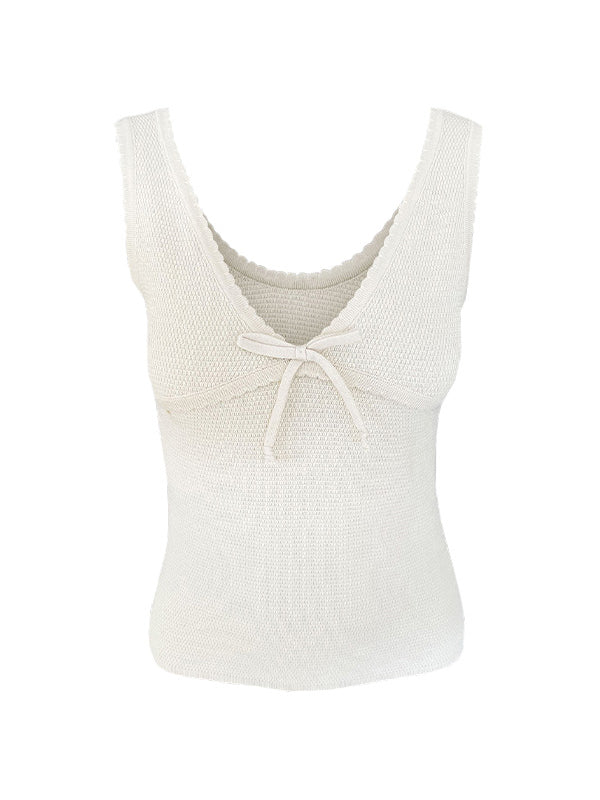Contrast Color Stitching V Neck Bow Tank Top - Image 24