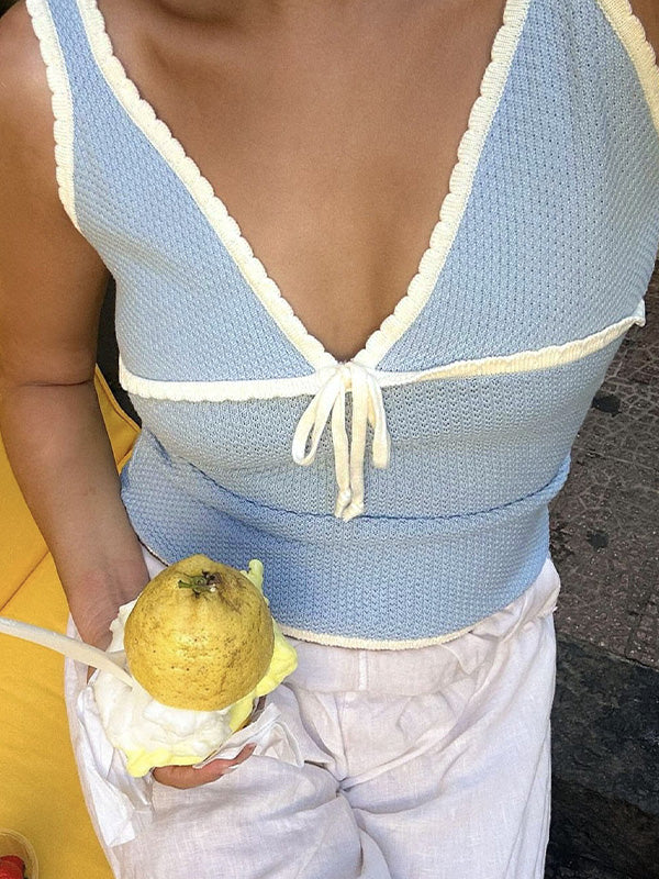 Contrast Color Stitching V Neck Bow Tank Top - Image 9