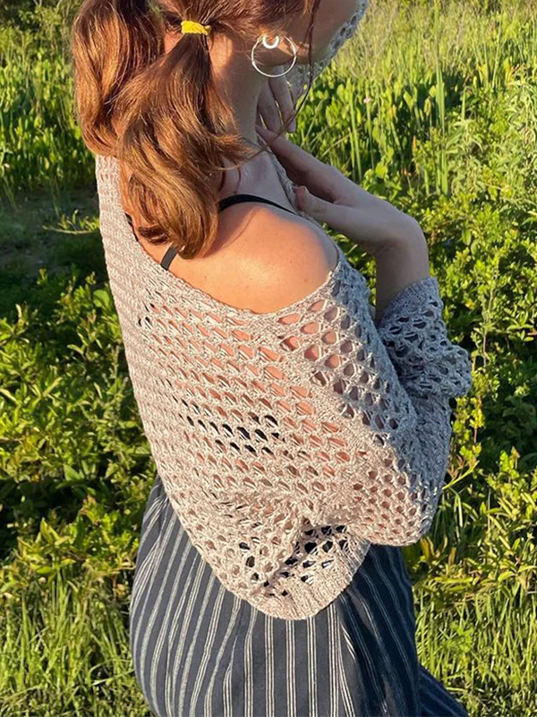 Hollow Out Crochet Knit Long Sleeve Crop Top - Image 3