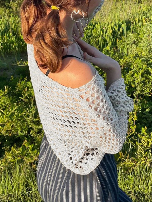 Hollow Out Crochet Knit Long Sleeve Crop Top - Image 6