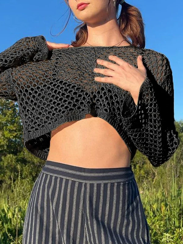 Hollow Out Crochet Knit Long Sleeve Crop Top - Image 8