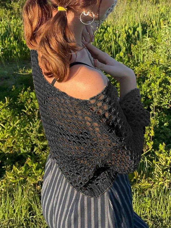 Hollow Out Crochet Knit Long Sleeve Crop Top - Image 9