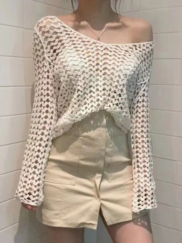 Hollow Out Long Sleeve Heart Crochet Knit Top - Image 3