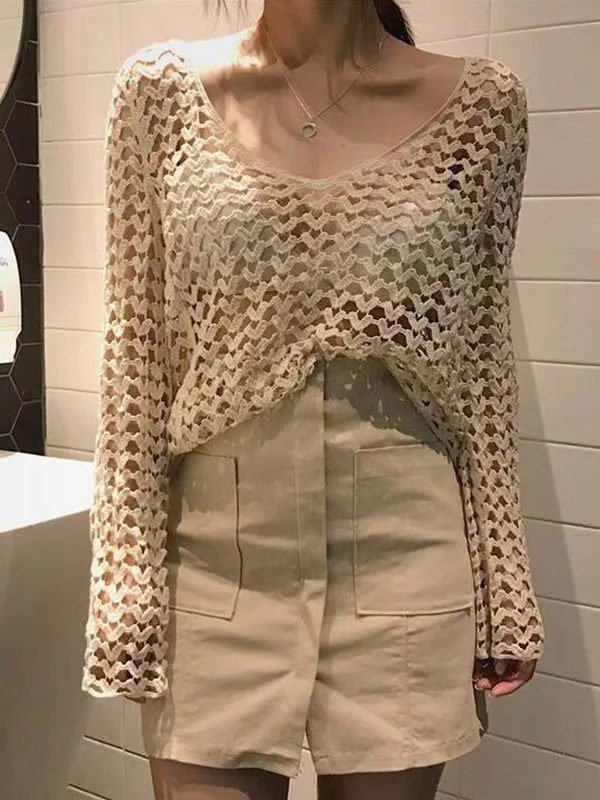 Hollow Out Long Sleeve Heart Crochet Knit Top - Image 5