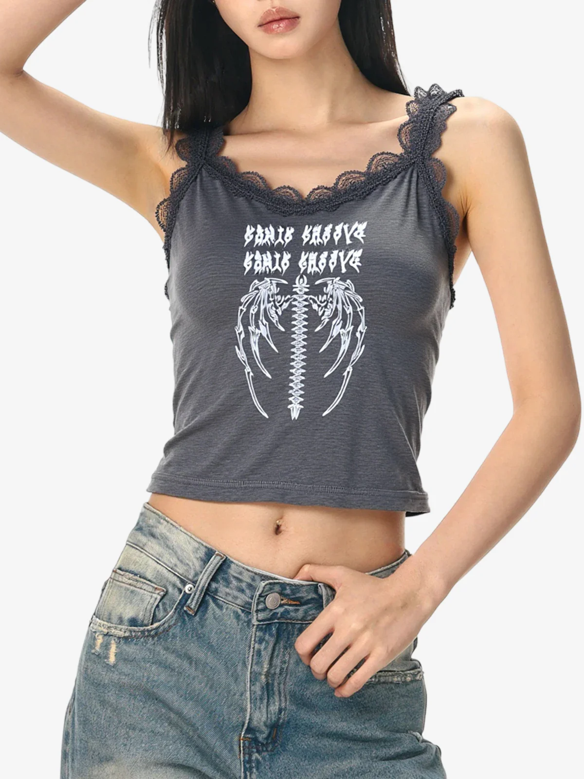 Lace Trim Gray Feather Skeleton Tank Top - Image 3