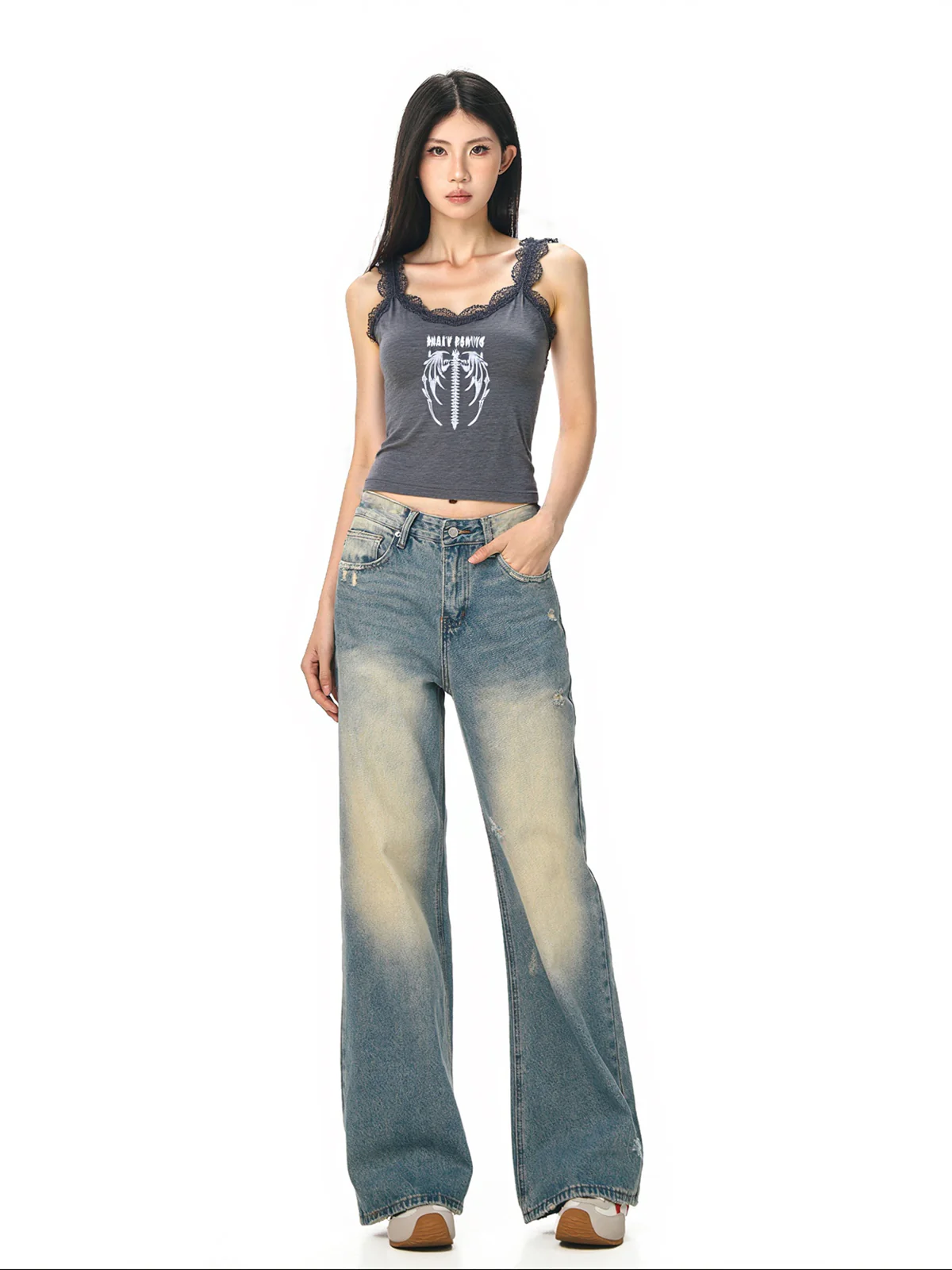 Lace Trim Gray Feather Skeleton Tank Top - Image 5