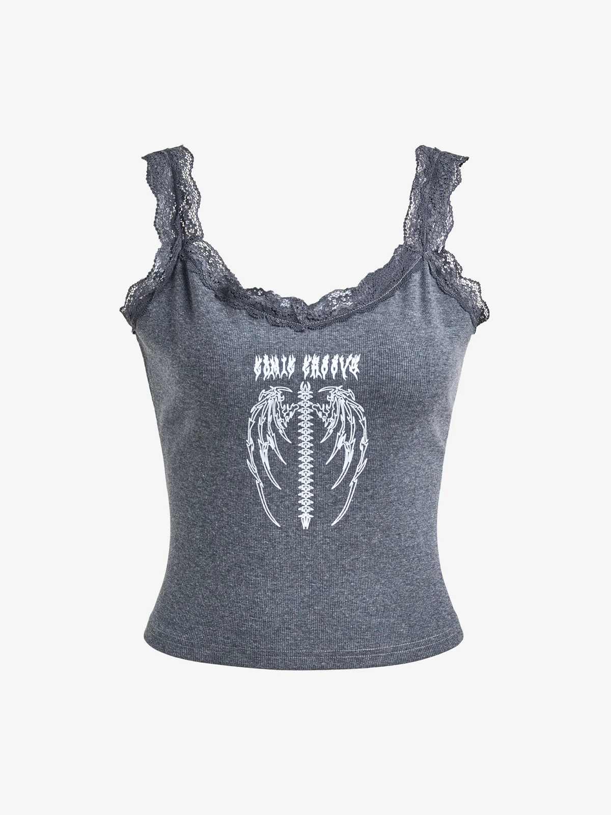 Lace Trim Gray Feather Skeleton Tank Top - Image 6