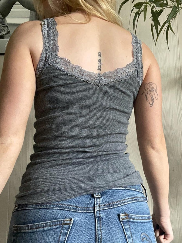 Lace Trim Gray Feather Skeleton Tank Top - Image 8