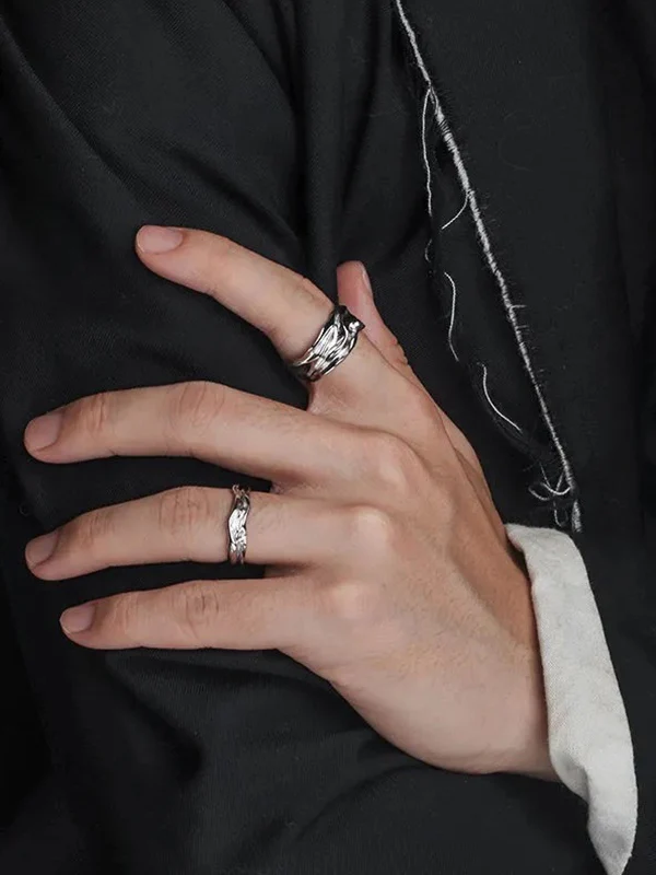 Men's 2Pcs Silver Textured Cuff Ring - Image 3