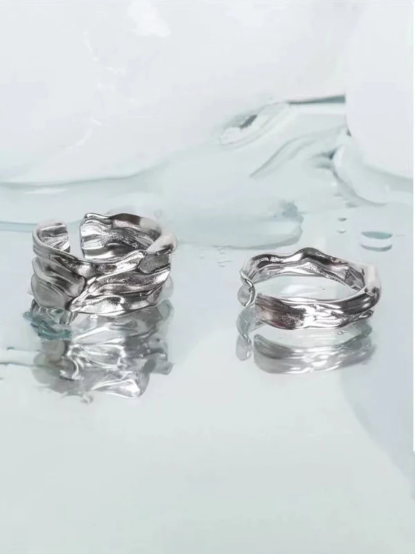 Men's 2Pcs Silver Textured Cuff Ring - Image 4