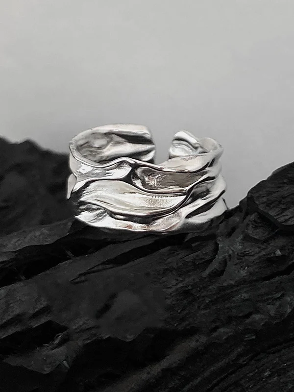Men's 2Pcs Silver Textured Cuff Ring - Image 5