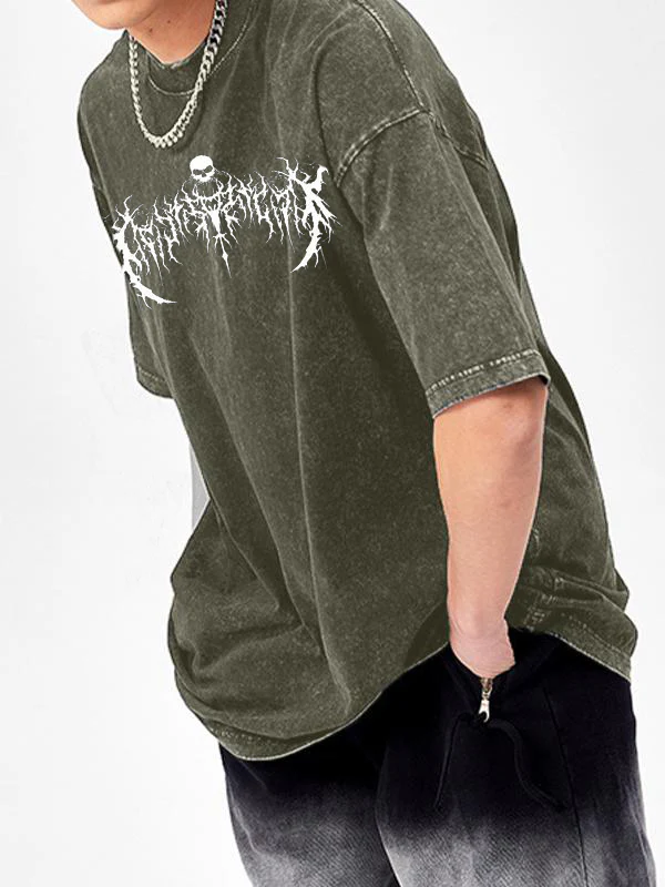 Men'S Dark Style Print Washed Oversized Short Sleeve Tee - Image 9