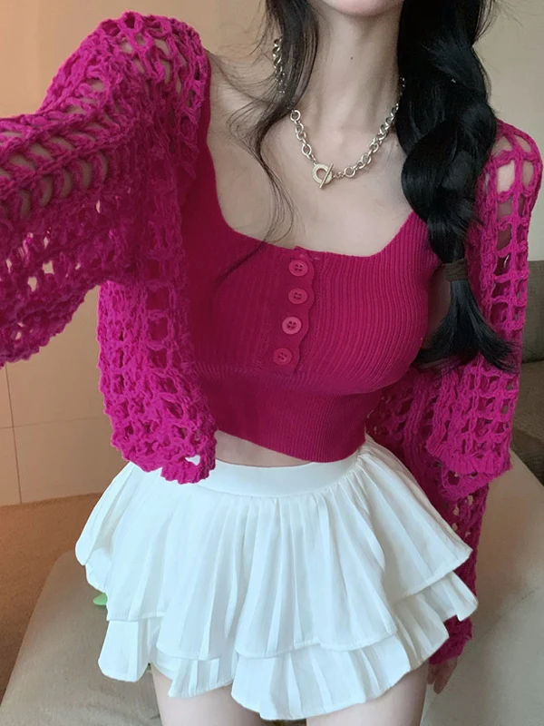 Open Front Hollow Out Crochet Knit Crop Top - Image 11