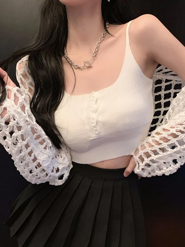 Open Front Hollow Out Crochet Knit Crop Top - Image 19