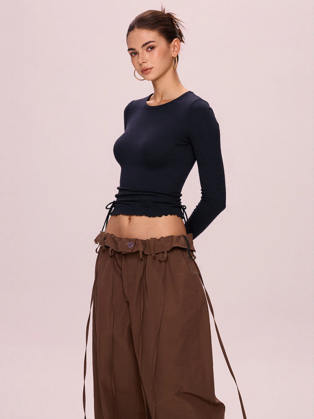 Solid Drawstring Lace Up Long Sleeve Knit - Image 3