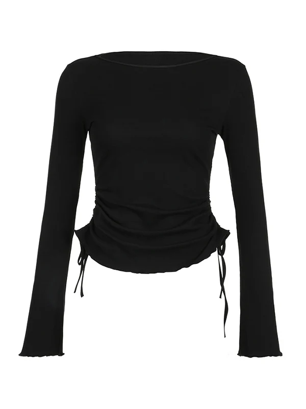 Solid Drawstring Lace Up Long Sleeve Knit - Image 5