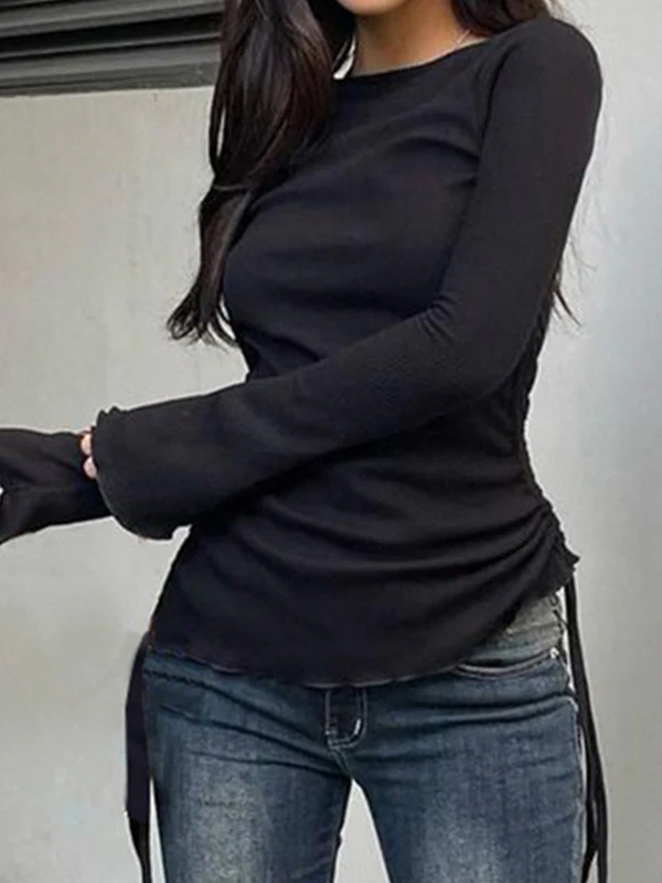 Solid Drawstring Lace Up Long Sleeve Knit - Image 7