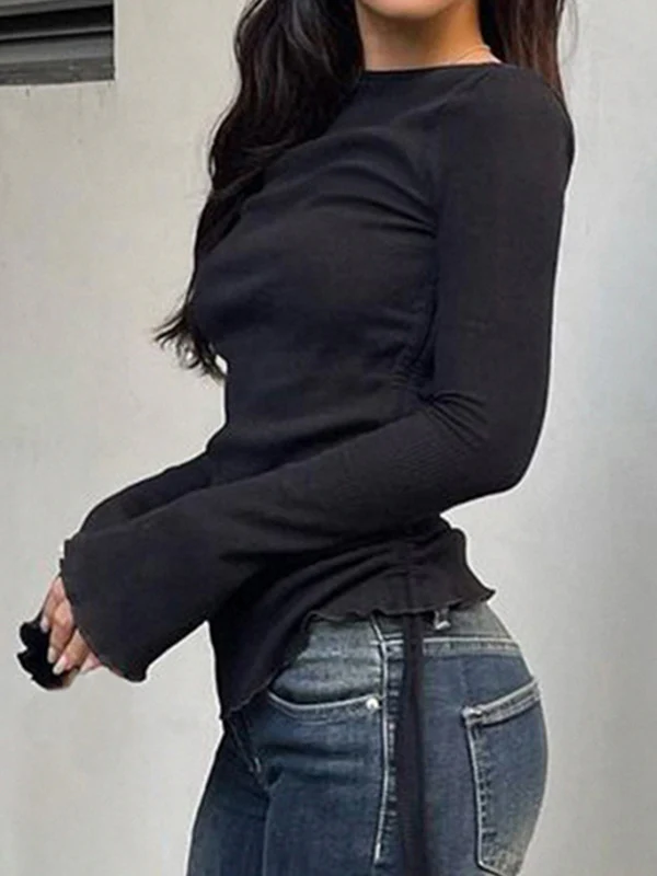 Solid Drawstring Lace Up Long Sleeve Knit - Image 8