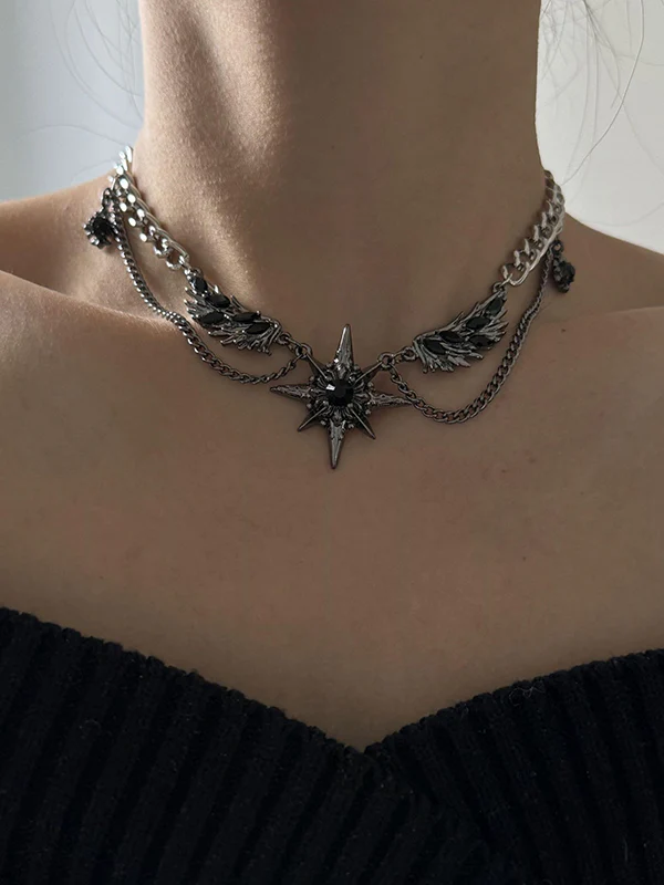 Street Black Gem Wing Double Layered Necklace - Image 3