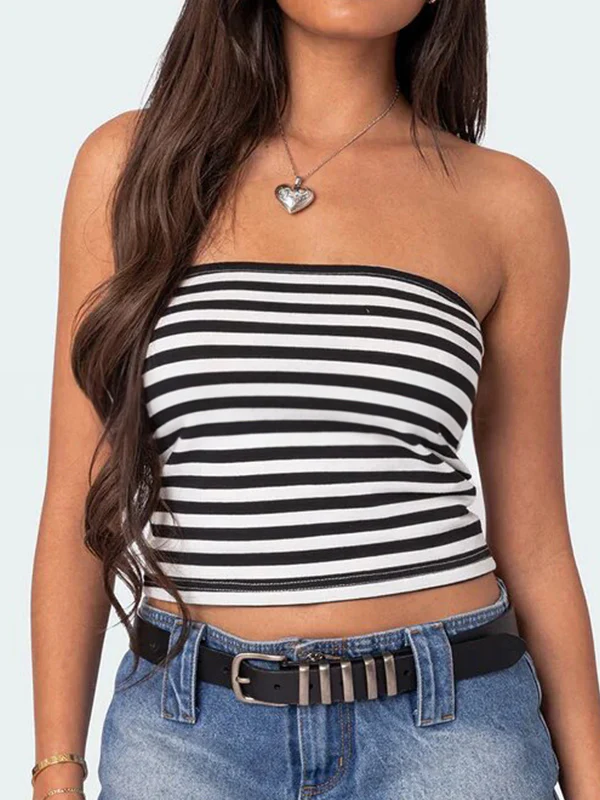 Striped Slim Fit Short Navel Baring Bandeau Top - Image 6