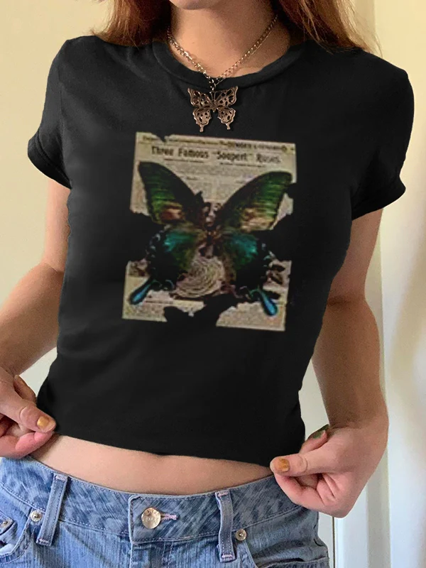 Vintage Brown Butterfly Print Short Sleeve Tee - Image 15