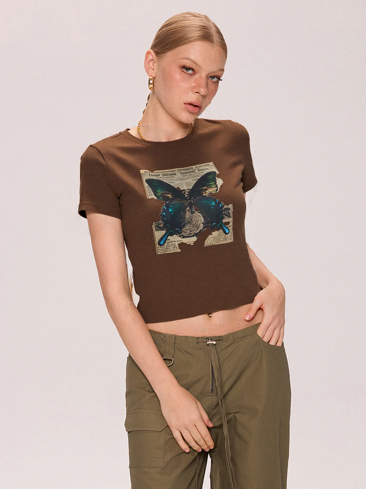 Vintage Brown Butterfly Print Short Sleeve Tee - Image 3
