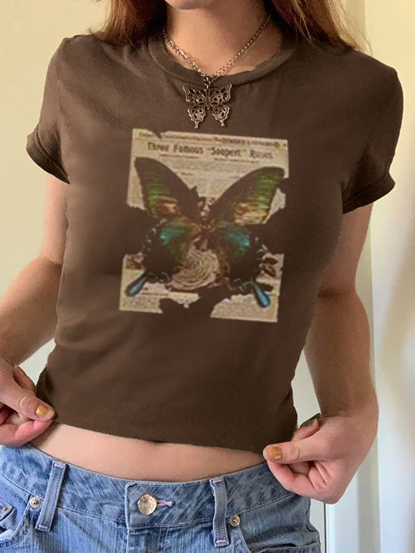 Vintage Brown Butterfly Print Short Sleeve Tee - Image 6