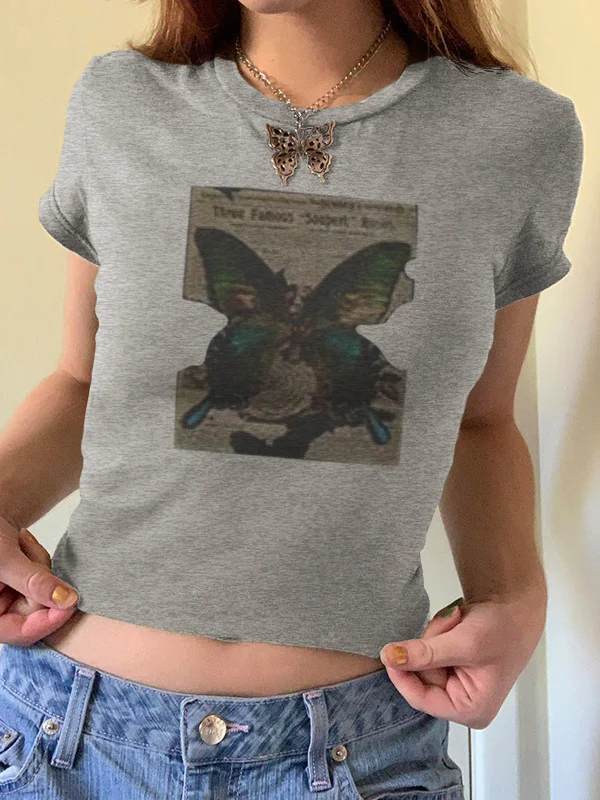 Vintage Brown Butterfly Print Short Sleeve Tee - Image 7