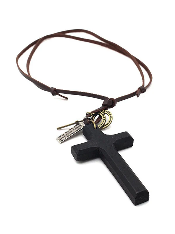 Wooden Cross Pendant Leather Necklace - Image 3