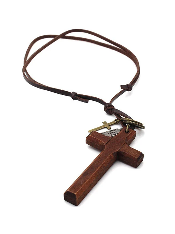 Wooden Cross Pendant Leather Necklace - Image 4