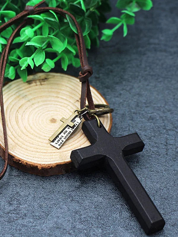 Wooden Cross Pendant Leather Necklace - Image 5