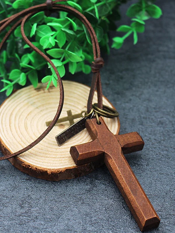 Wooden Cross Pendant Leather Necklace - Image 6