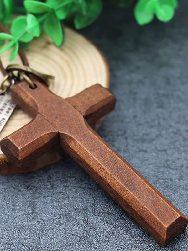 Wooden Cross Pendant Leather Necklace - Image 7
