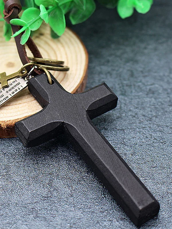 Wooden Cross Pendant Leather Necklace - Image 8